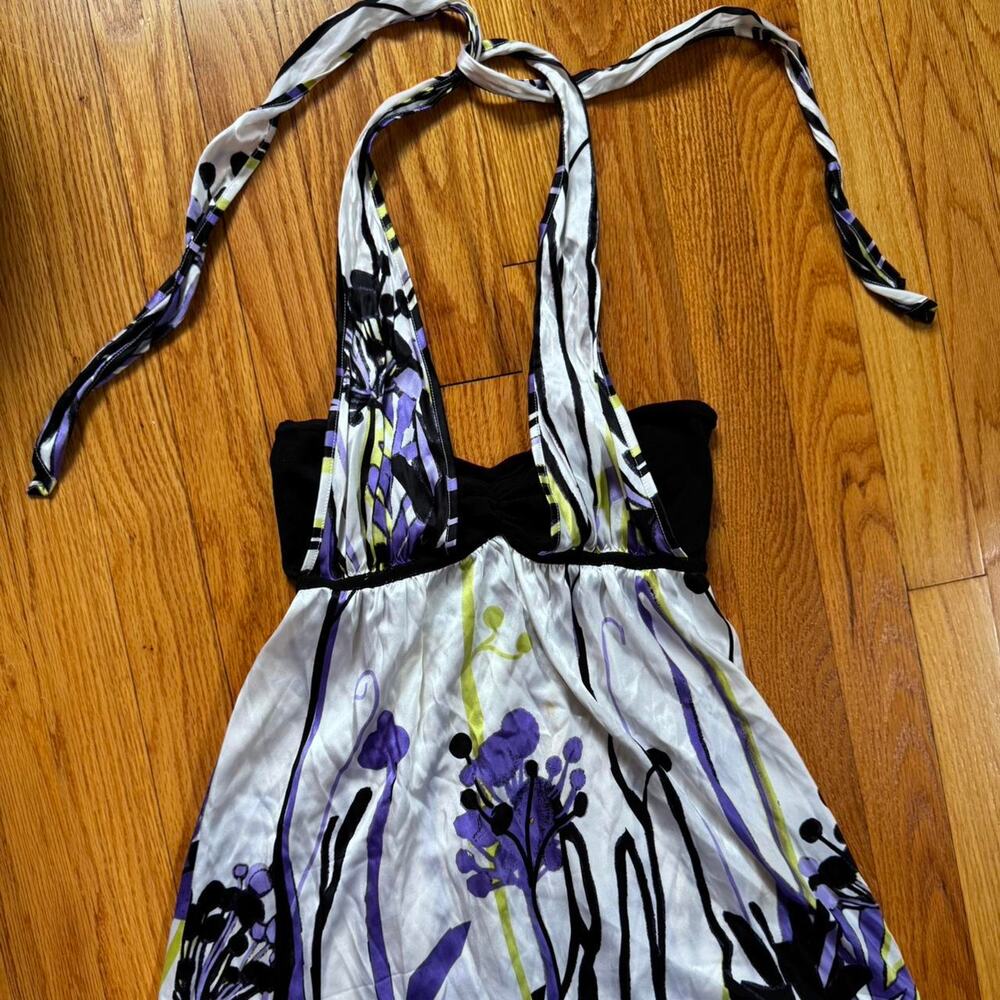 Vintage y2k 2000s satin Bebe halter top with tie neck and floral pattern